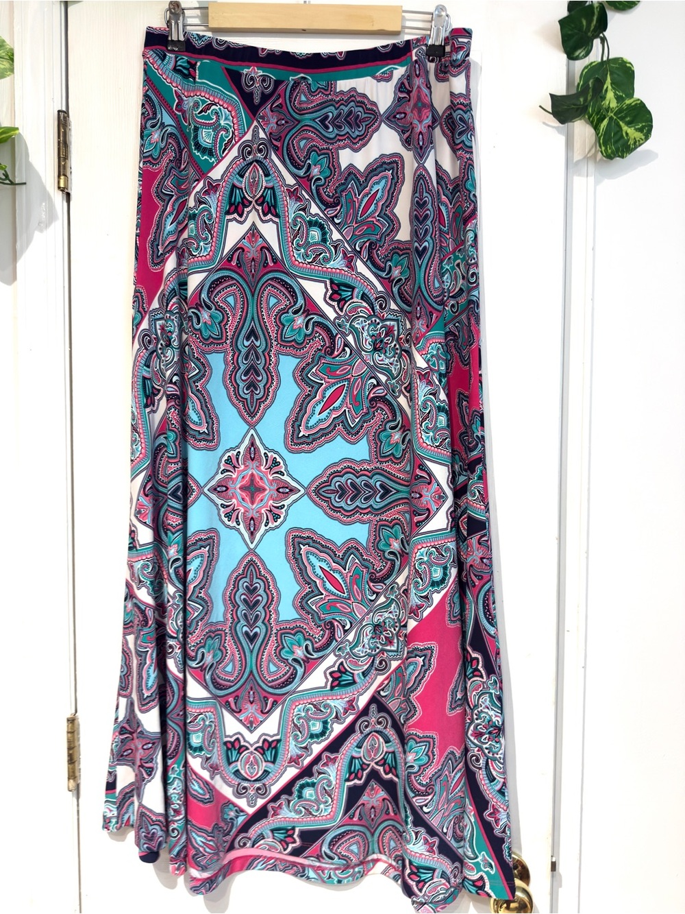 Chico's Bold Paisley Maxi Skirt in Teal, Fuchsia Boho Long Skirt